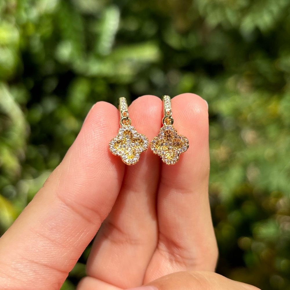 18K Gold Plated Stainless Steel Diamond Clover Dangling Earrings